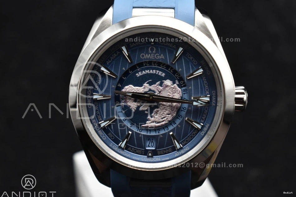 on Dial 43mm A8938 Edition 1:1 Rubber Worldtimer Aqua Terra Blue Best Summer Strap Blue GMT VSF Clone Super 1111